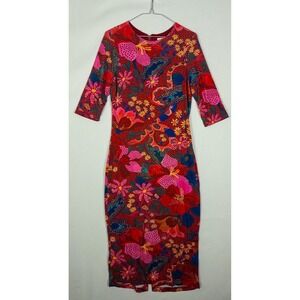 Farmrio Floral Bodycon Midi Dress Red Pink 3/4 Sleeve Tropical Hibiscus M